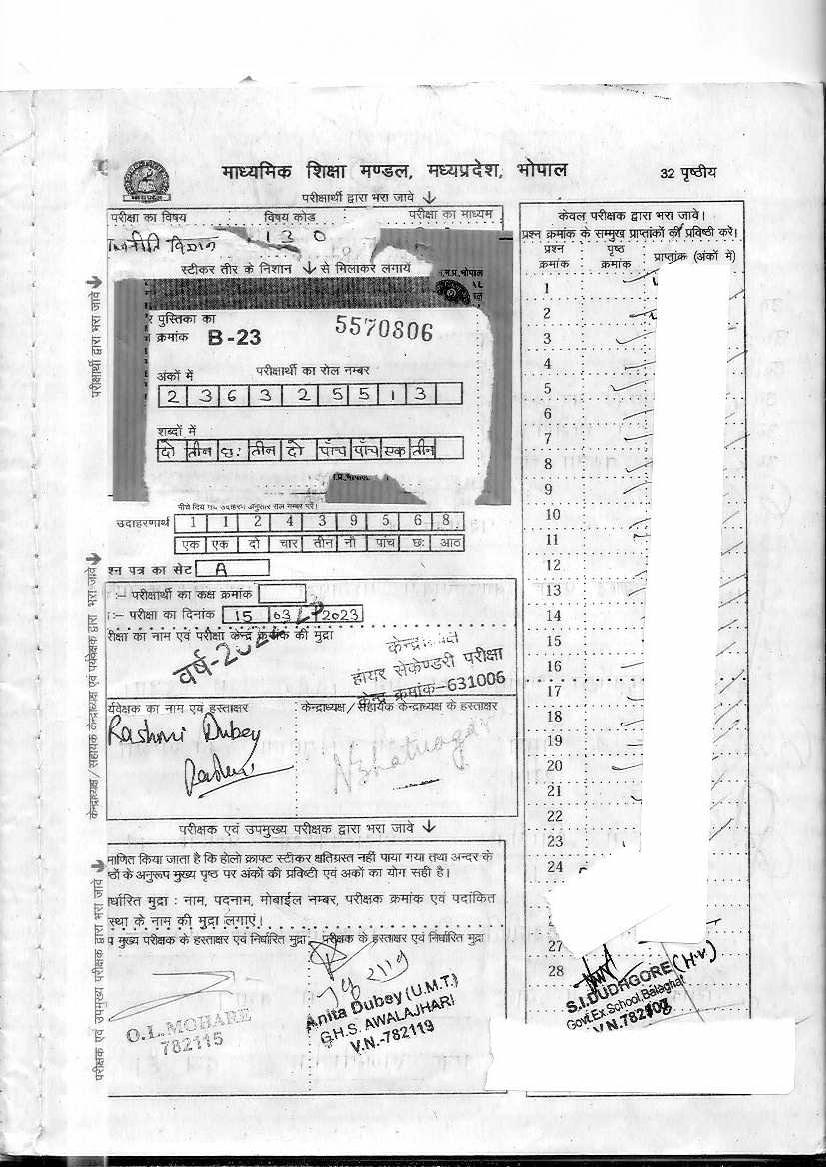 MP Board Class 12 Toppers Answer Sheet 2023 Political Science - Page 1
