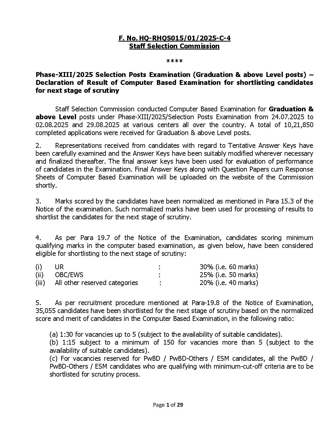 SSC Selection Post 2025 Cut Off Phase 13 Graduation - Page 1 of 29