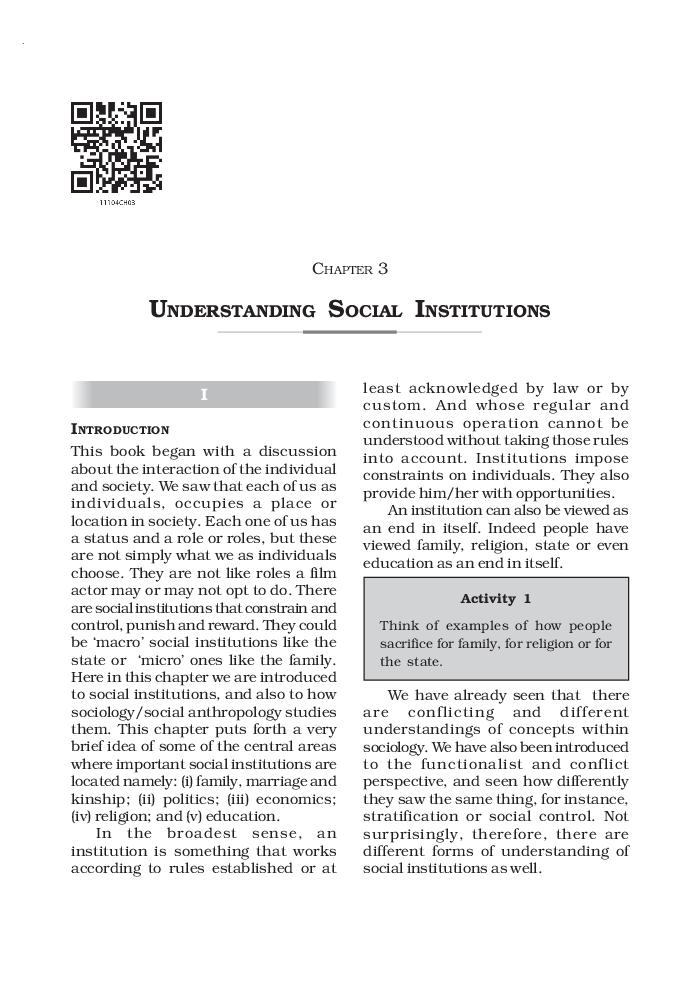 NCERT Book Class 11 Sociology (Introducing Sociology) Chapter 3 Understanding Social Institutions - Page 1
