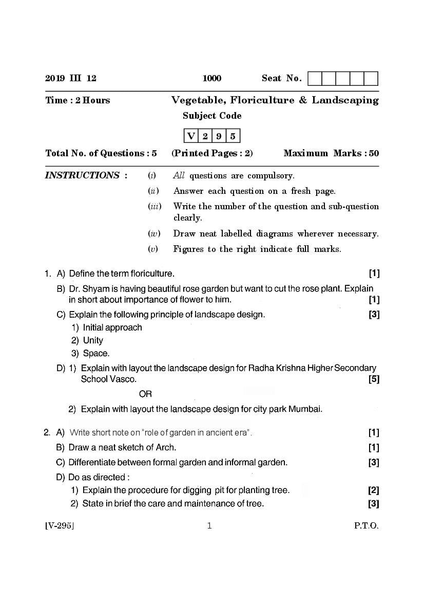 Goa Board Class 12 Question Paper Mar 2019 Vegetable, Floriculture and Landscaping - Page 1