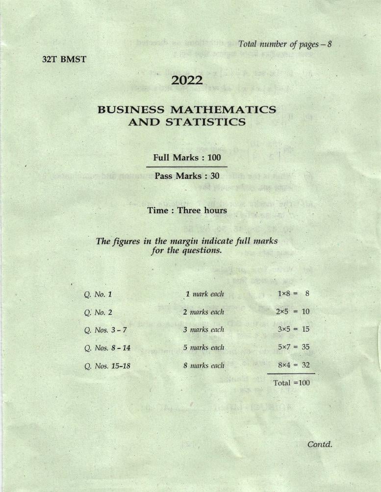 AHSEC HS 2nd Year Question Paper 2022 Buesiness Mathematics and Statistics - Page 1