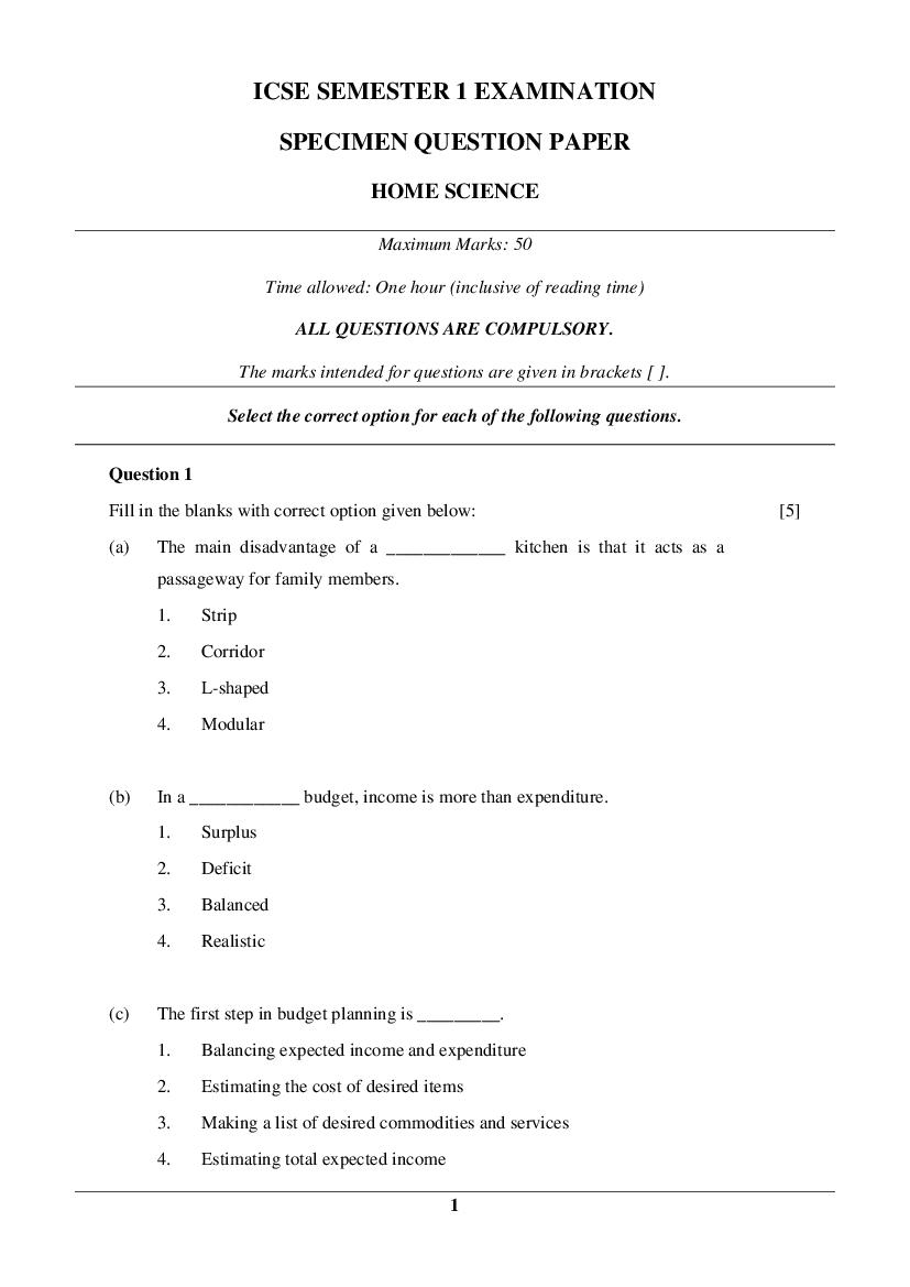 ICSE Class 10 Specimen Paper 2022  Home Science Semester 1 - Page 1