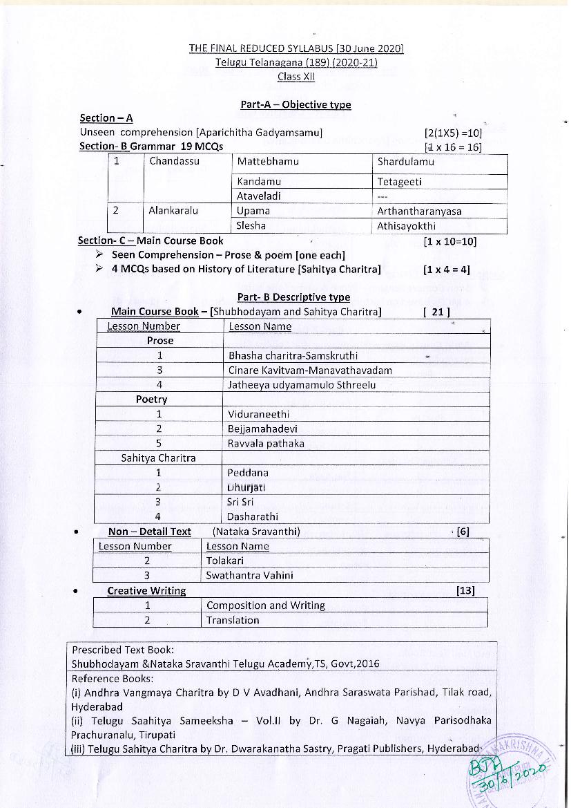 CBSE Class 12 Telugu Telangana Syllabus 2020-21 - Page 1