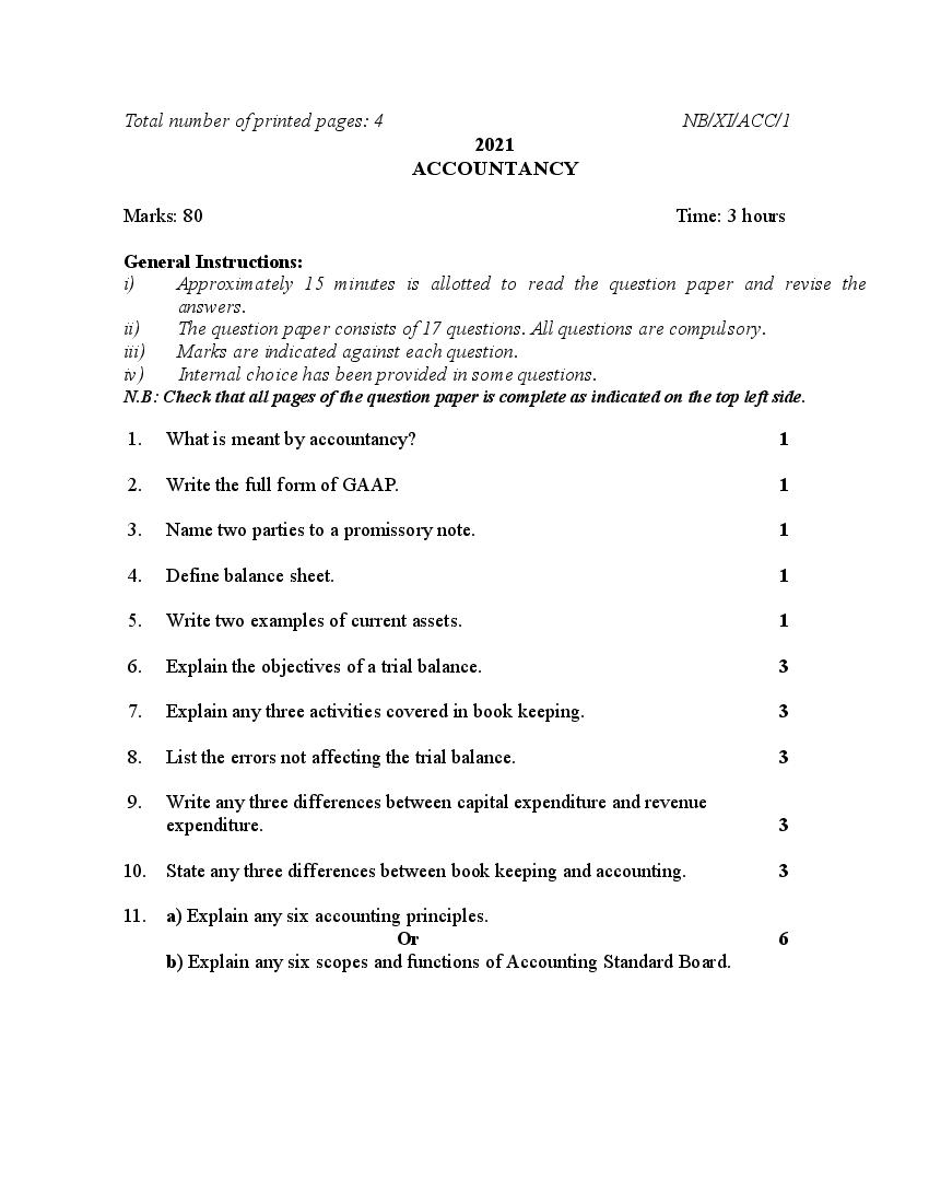 NBSE Class 11 Question Paper 2021 for Accountancy - Page 1
