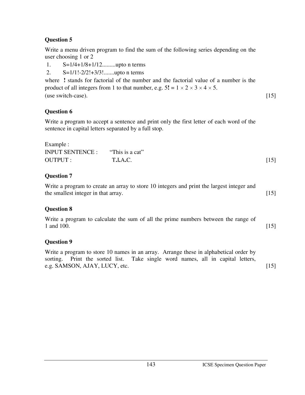 ICSE Class 10 Sample Paper 2020 Computer Science