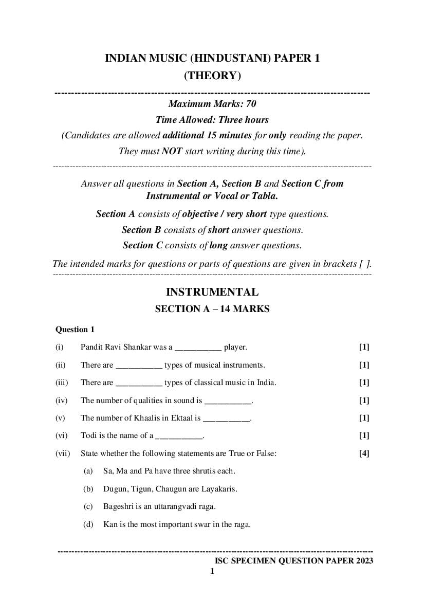 ISC Class 12 Sample Paper 2023 Indian Music Hindustani - Page 1