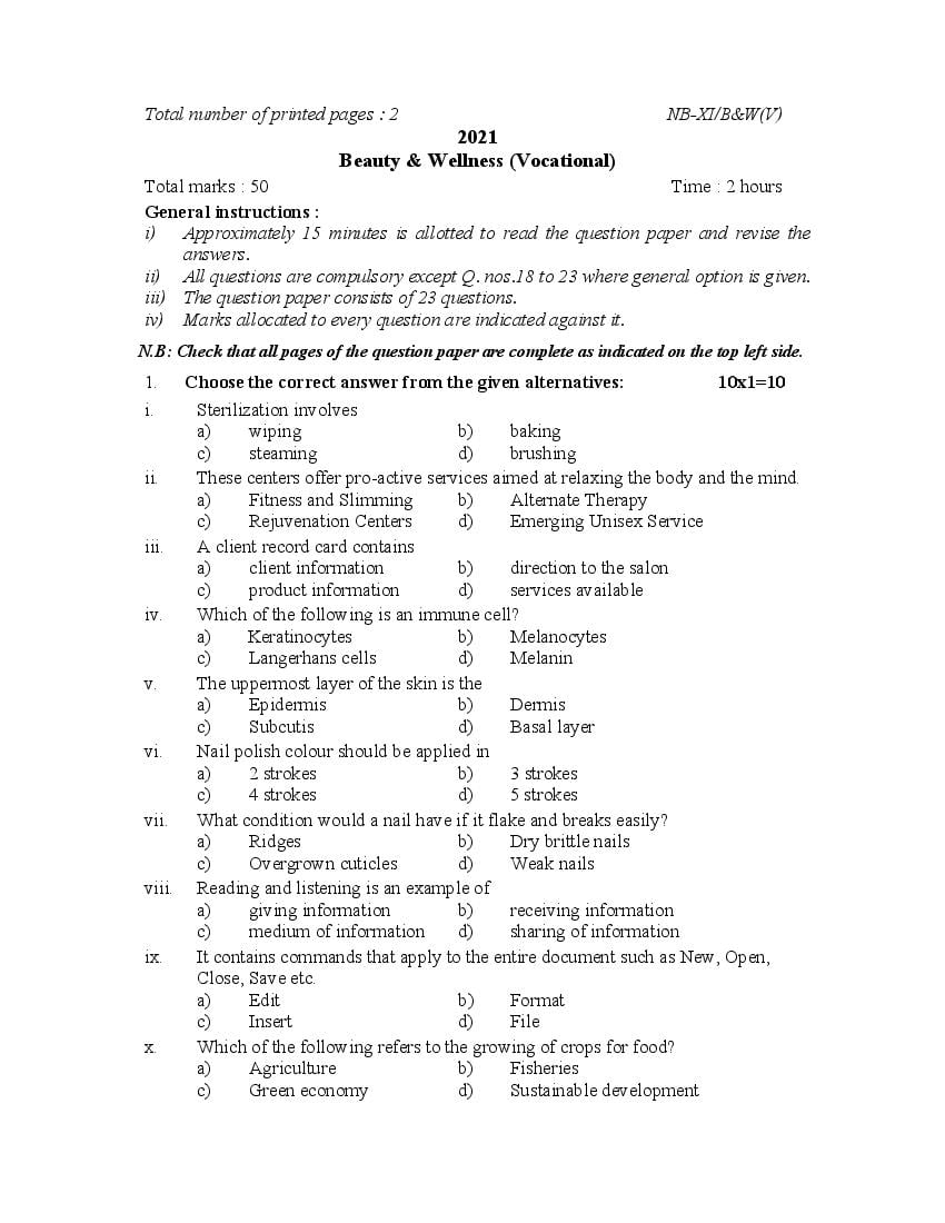 NBSE Class 11 Question Paper 2021 for Beauty and Wellness - Page 1