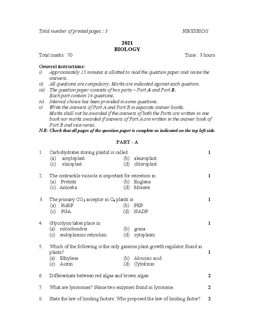 NBSE Class 11 Question Paper 2021 for Biology - Page 1