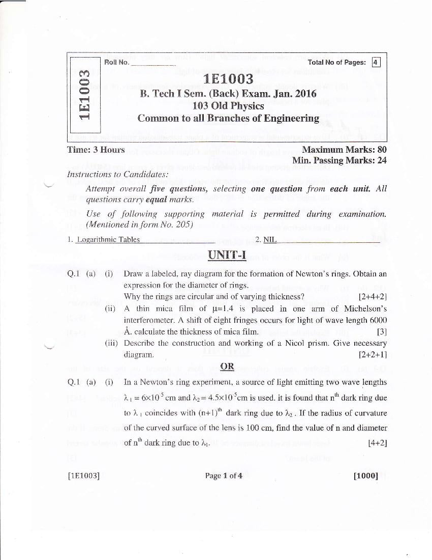 RTU 2016 Question Paper Semester I Old Physics - Page 1