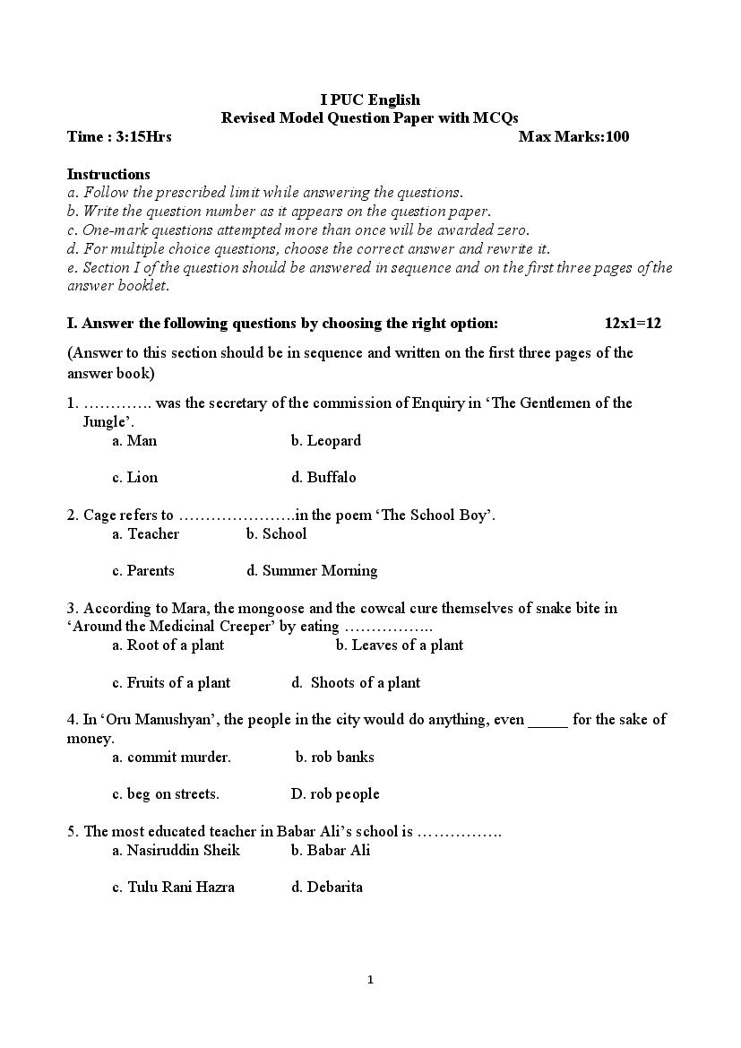 2nd Puc English Model Question Paper 2023 24