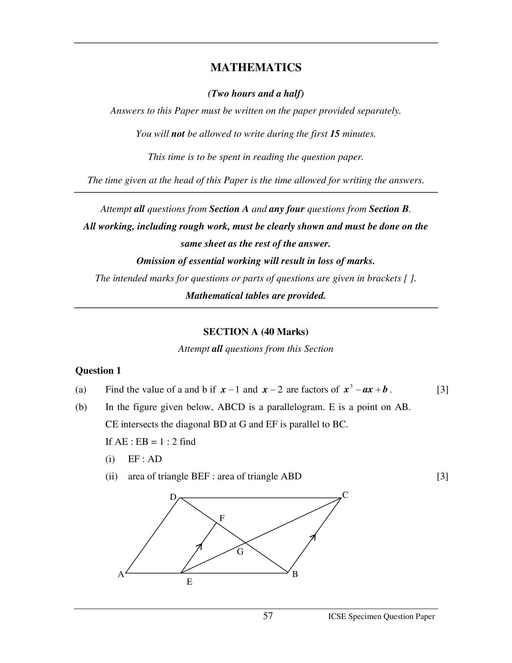 ICSE Class 10 Sample Paper 2017 Mathematics - Page 1