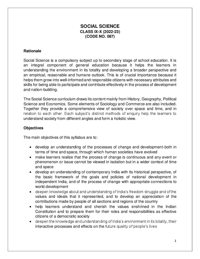 CBSE Class 10 Syllabus 2022-23 Social Science - Page 1