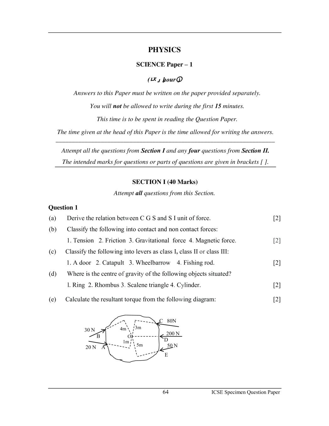 Physics Specimen Paper Class 10 Icse 2024 Debora Rosabella