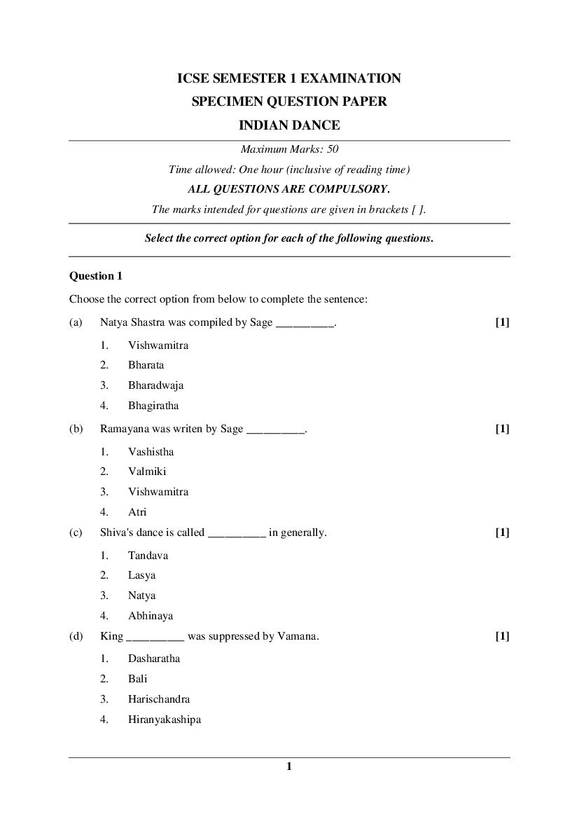ICSE Class 10 Specimen Paper 2022  Indian Dance Semester 1 - Page 1