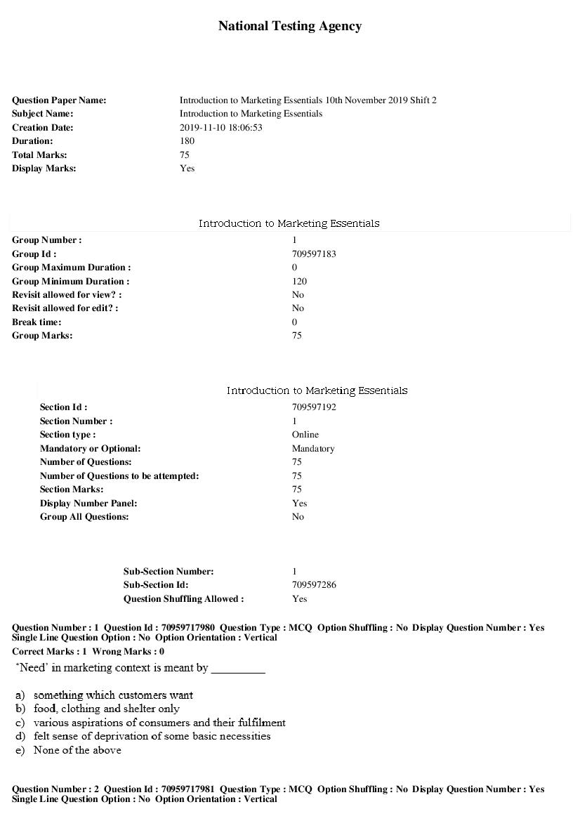 SWAYAM 2019 Question Paper Introduction to Marketing Essentials - Page 1 of 19