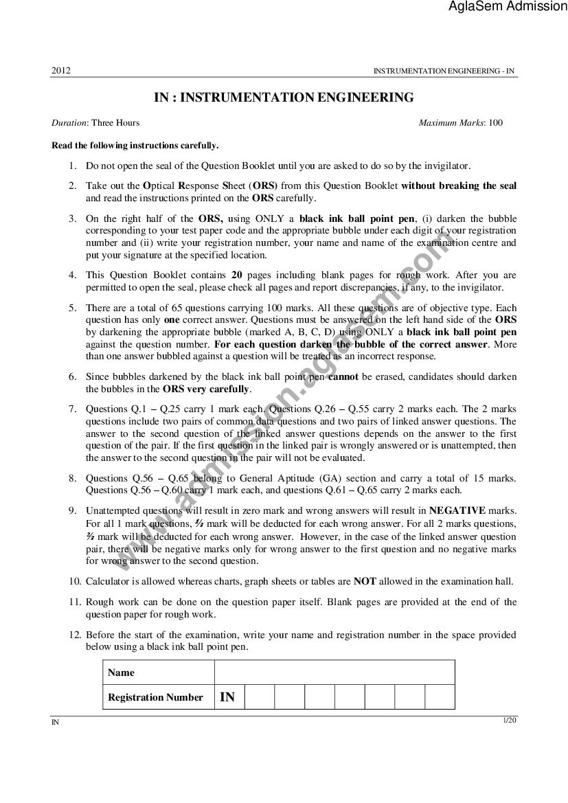GATE 2012 Question Paper for IN - Instrumentation Engineering - Page 1