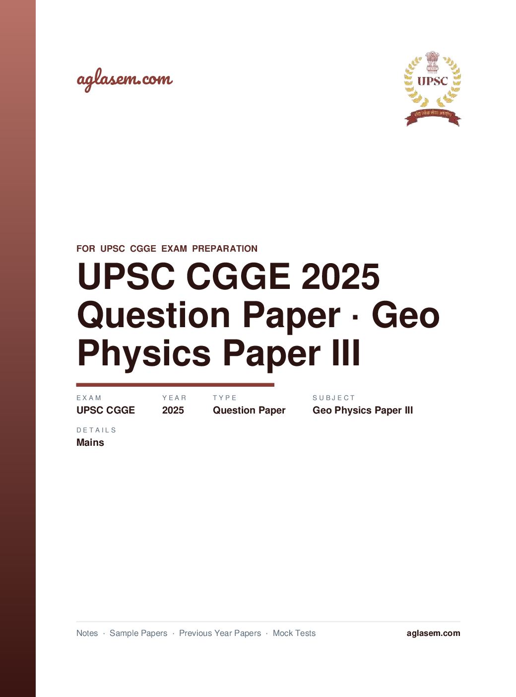 UPSC CGGE 2025 (Mains) Question Paper Geo-Physics Paper III - Page 1 of 9