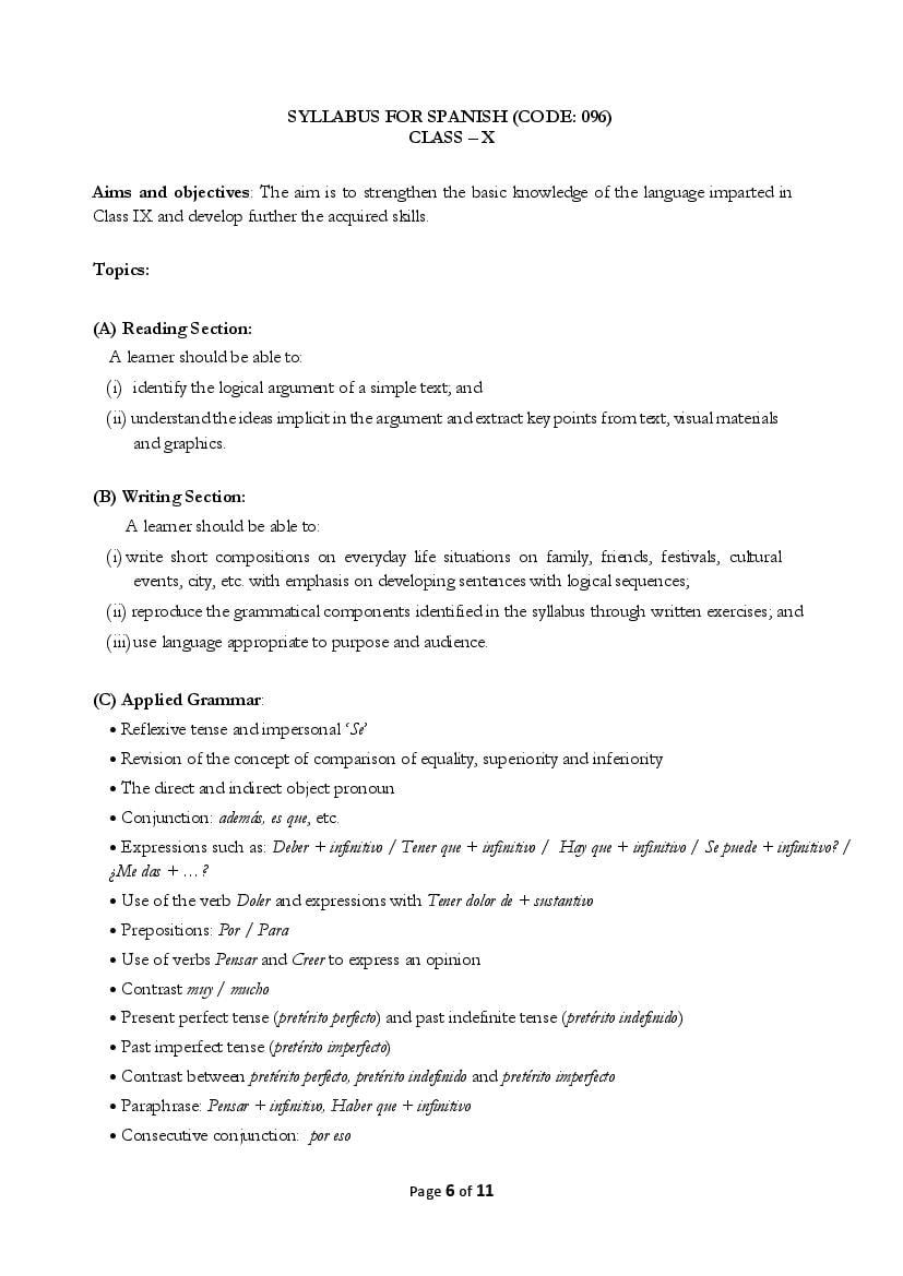 CBSE Class 10 Syllabus 2022-23 Spanish - Page 1