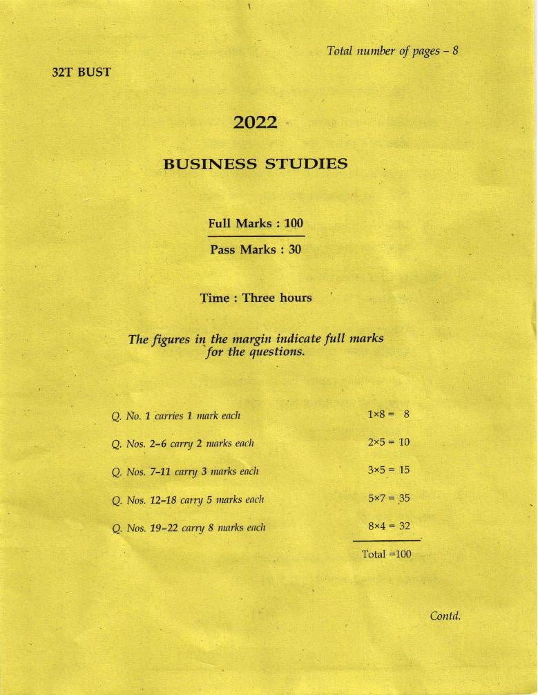 AHSEC HS 2nd Year Question Paper 2022 Business Studies - Page 1