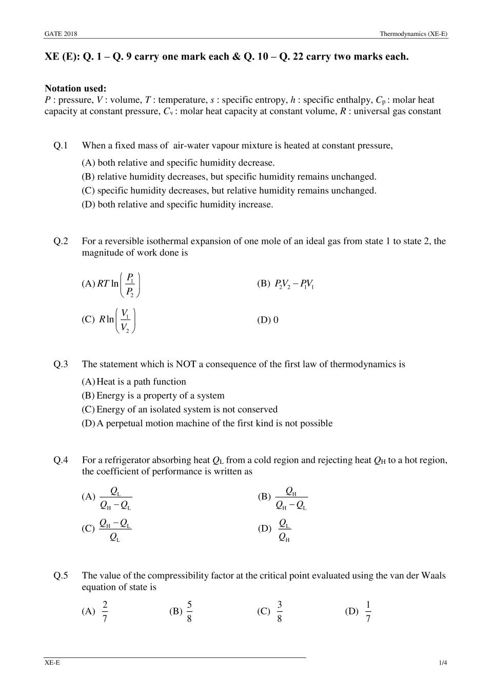GATE 2018 Thermodynamics (XE-E) Question Paper with Answer - Page 1