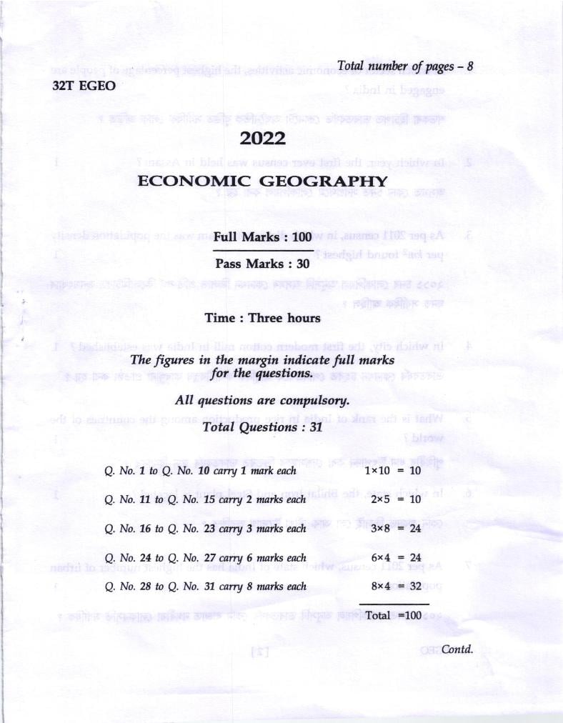AHSEC HS 2nd Year Question Paper 2022 Economic Geography - Page 1