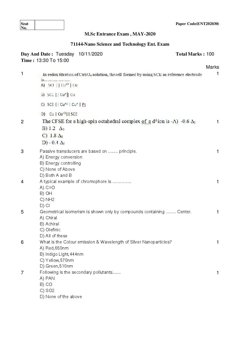 Shivaji University Entrance Exam 2020 Question Paper M.Sc Nano Science - Page 1