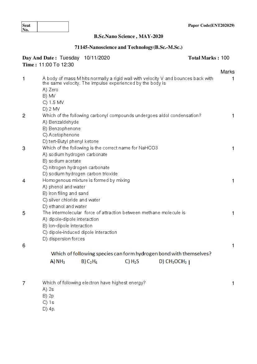 Shivaji University Entrance Exam 2020 Question Paper B.Sc Nano Science - Page 1