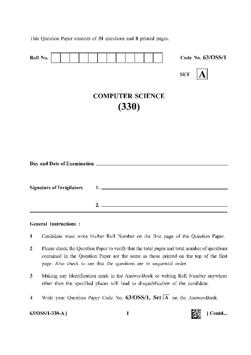 NIOS Class 12 Question Paper 2022 (Apr) Computer Science - Page 1