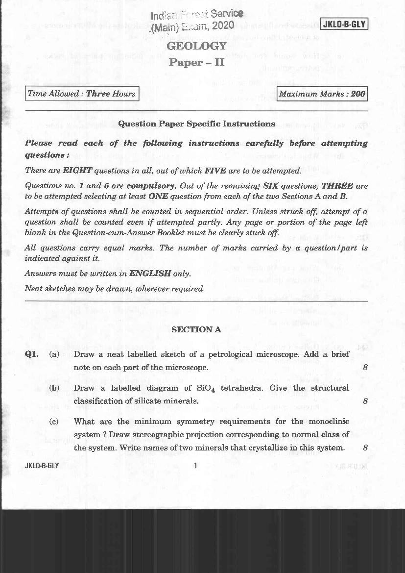 UPSC IFS 2020 Question Paper for Geology Paper II - Page 1