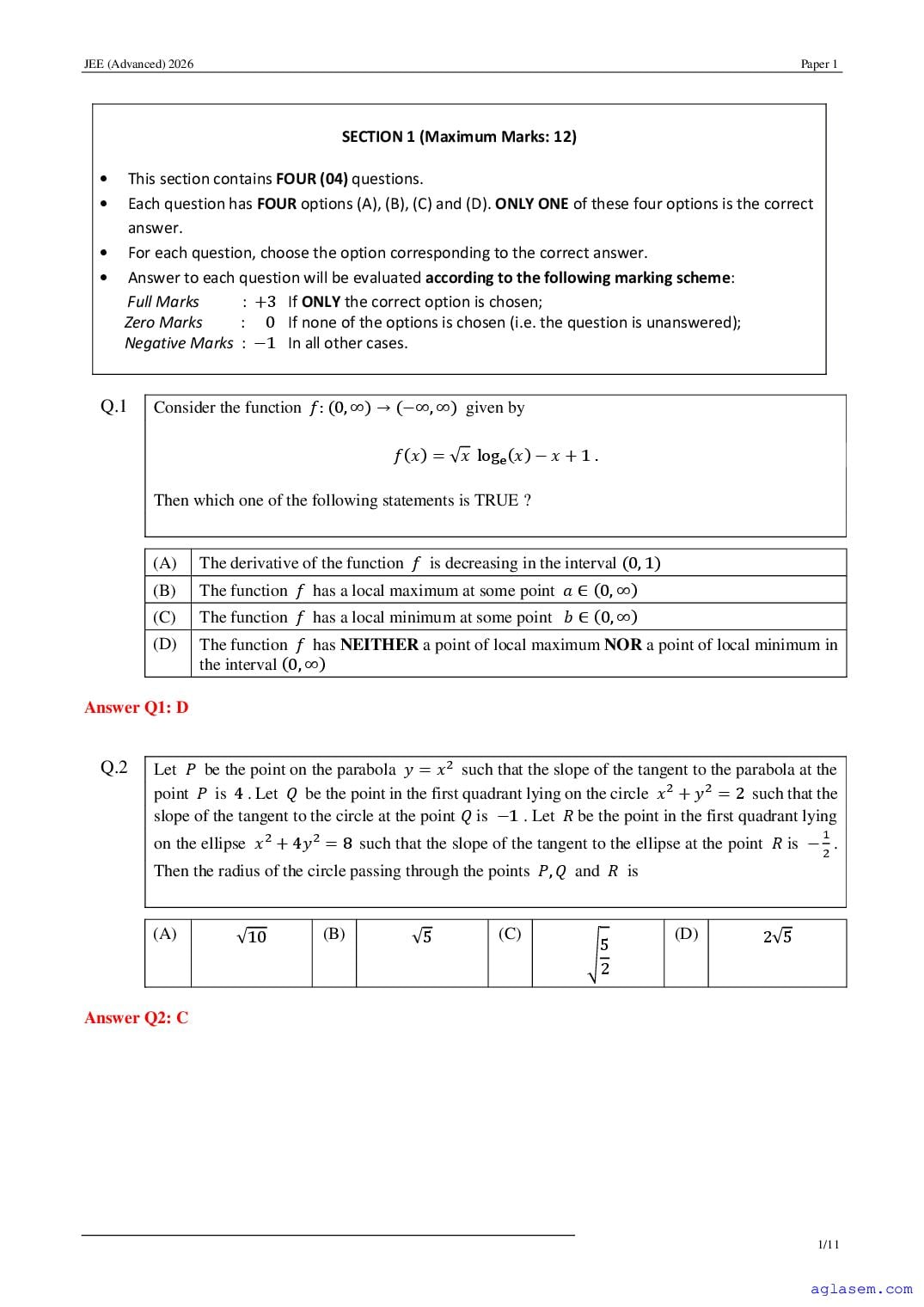JEE Advanced 2026 Paper 1 Answer Key - Page 1 of 35