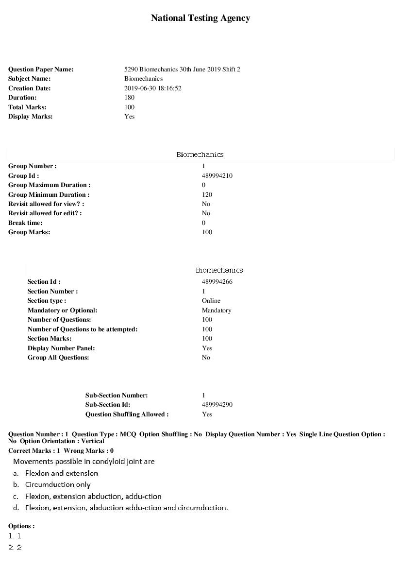 ARPIT 2019 Question Paper for Biomechanics Shift 2 - Page 1 of 31