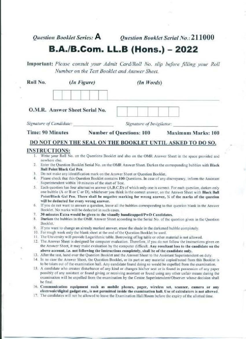 PU BA B.Com LLB Entrance Exam 2022 Question Paper - Page 1