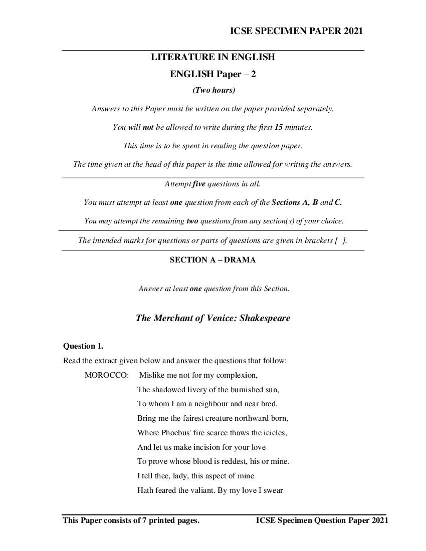 ICSE Class 10 Specimen Paper 2021 English - Page 1