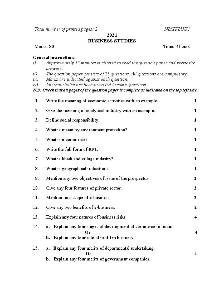 NBSE Class 11 Question Paper 2021 for Business Studies - Page 1