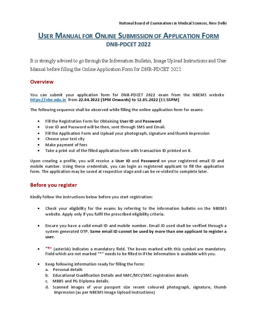 DNB PDCET 2022 Application Form User Manual - Page 1