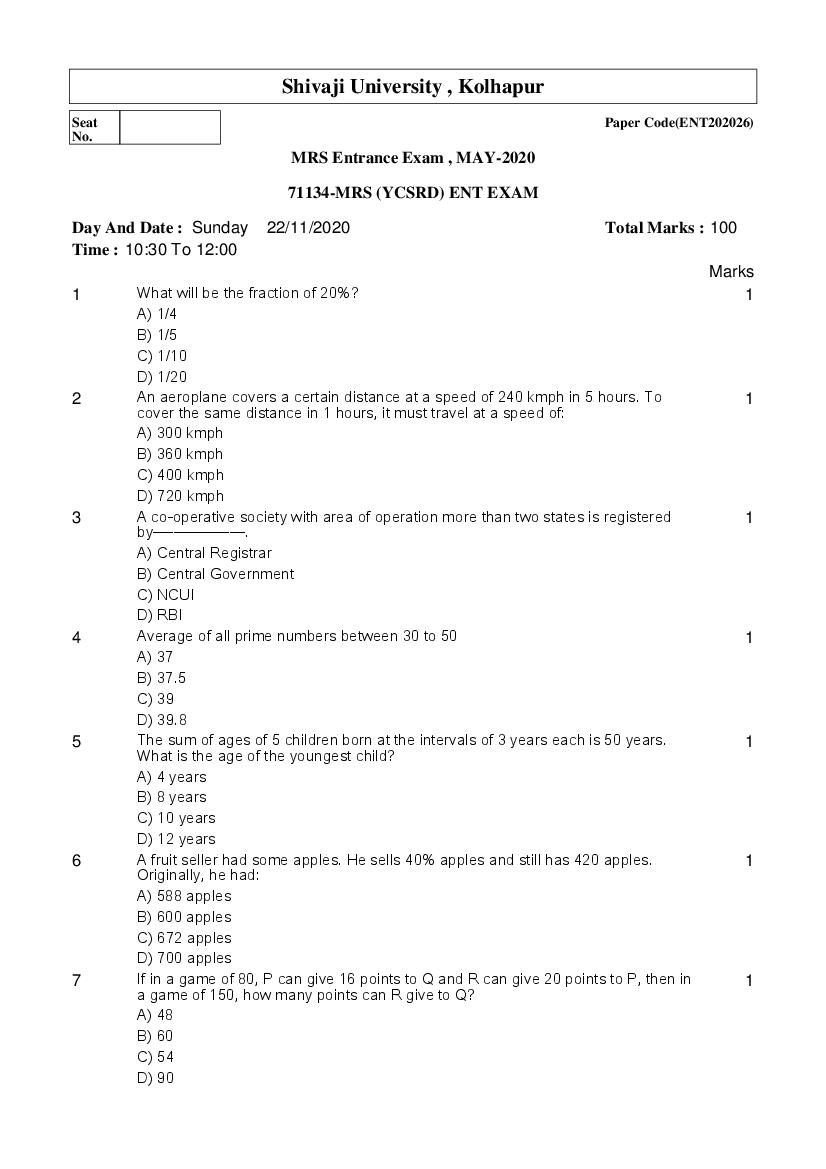 Shivaji University Entrance Exam 2020 Question Paper MRS - Page 1