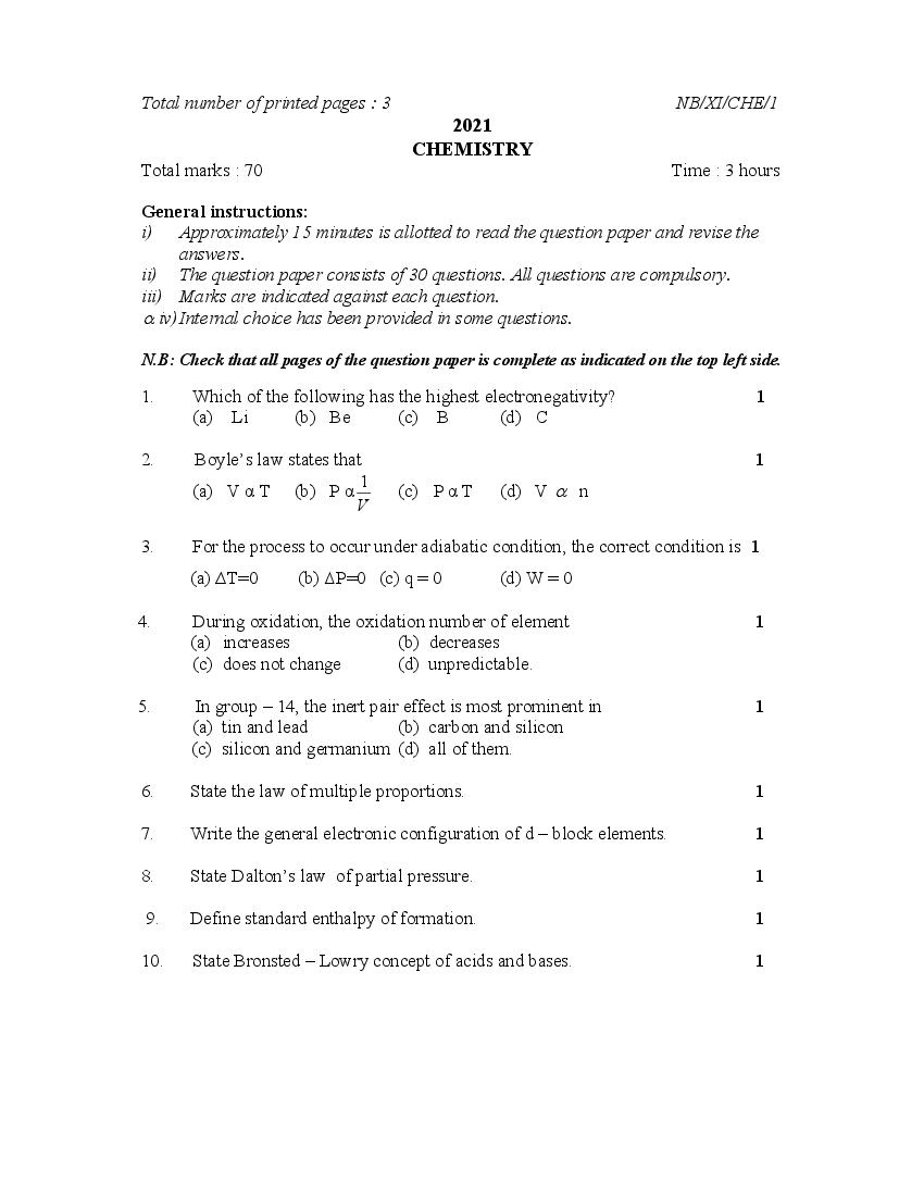 NBSE Class 11 Question Paper 2021 for Chemistry - Page 1