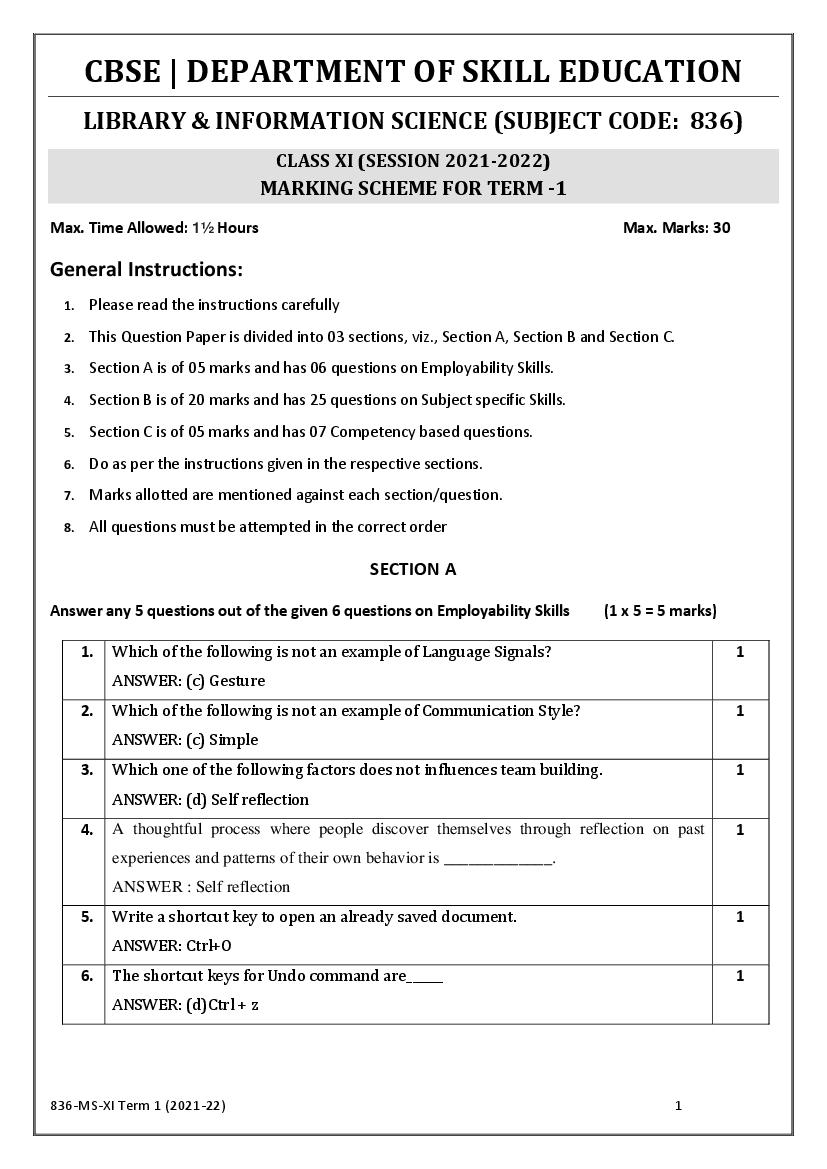 CBSE Class 11 Marking Scheme 2022 for Library and Information Science - Page 1