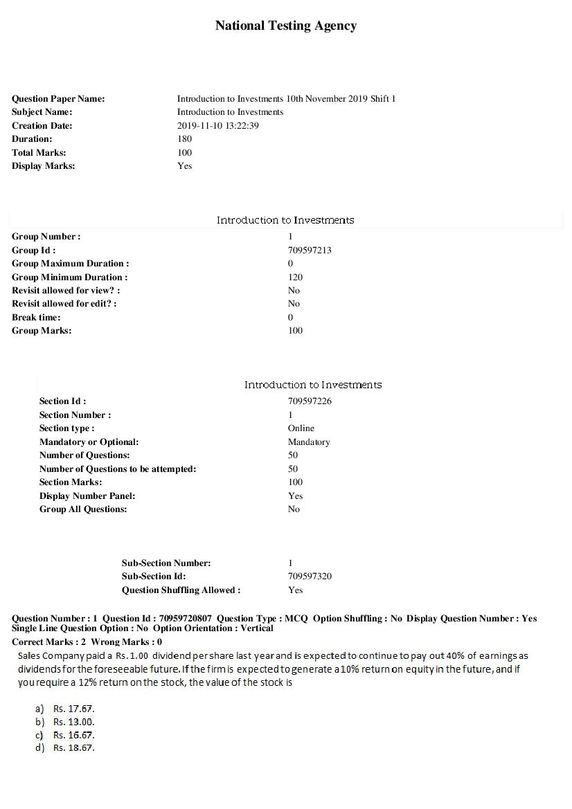 SWAYAM 2019 Question Paper Introduction to Investments - Page 1 of 12