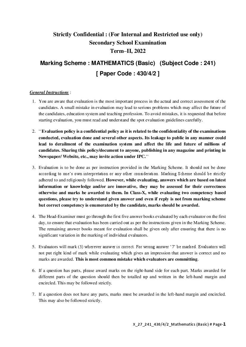 CBSE Class 10 Question Paper 2022 Solution Maths Basic - Page 1
