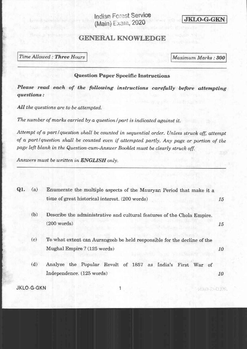 UPSC IFS 2020 Question Paper for GK - Page 1