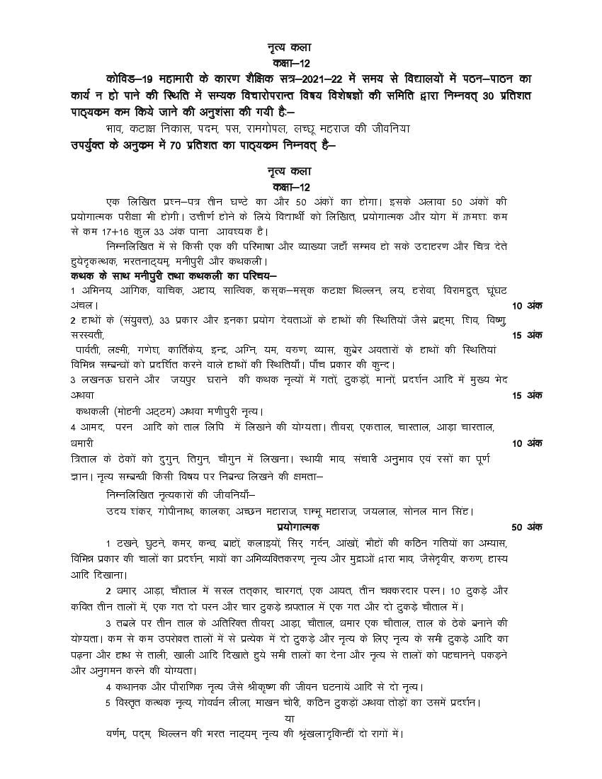 UP Board Class 12 Syllabus 2022 Dancing - Page 1