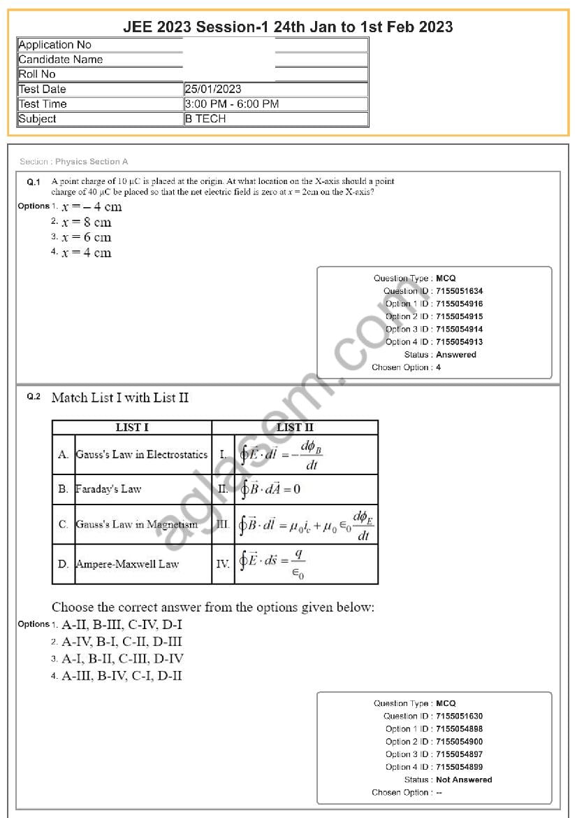 JEE Main 2023 Question Paper - 25 Jan Shift 2 - Page 1