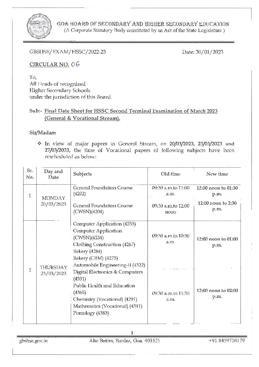 Goa HSSC Time Table 2023 (Revised) - Page 1