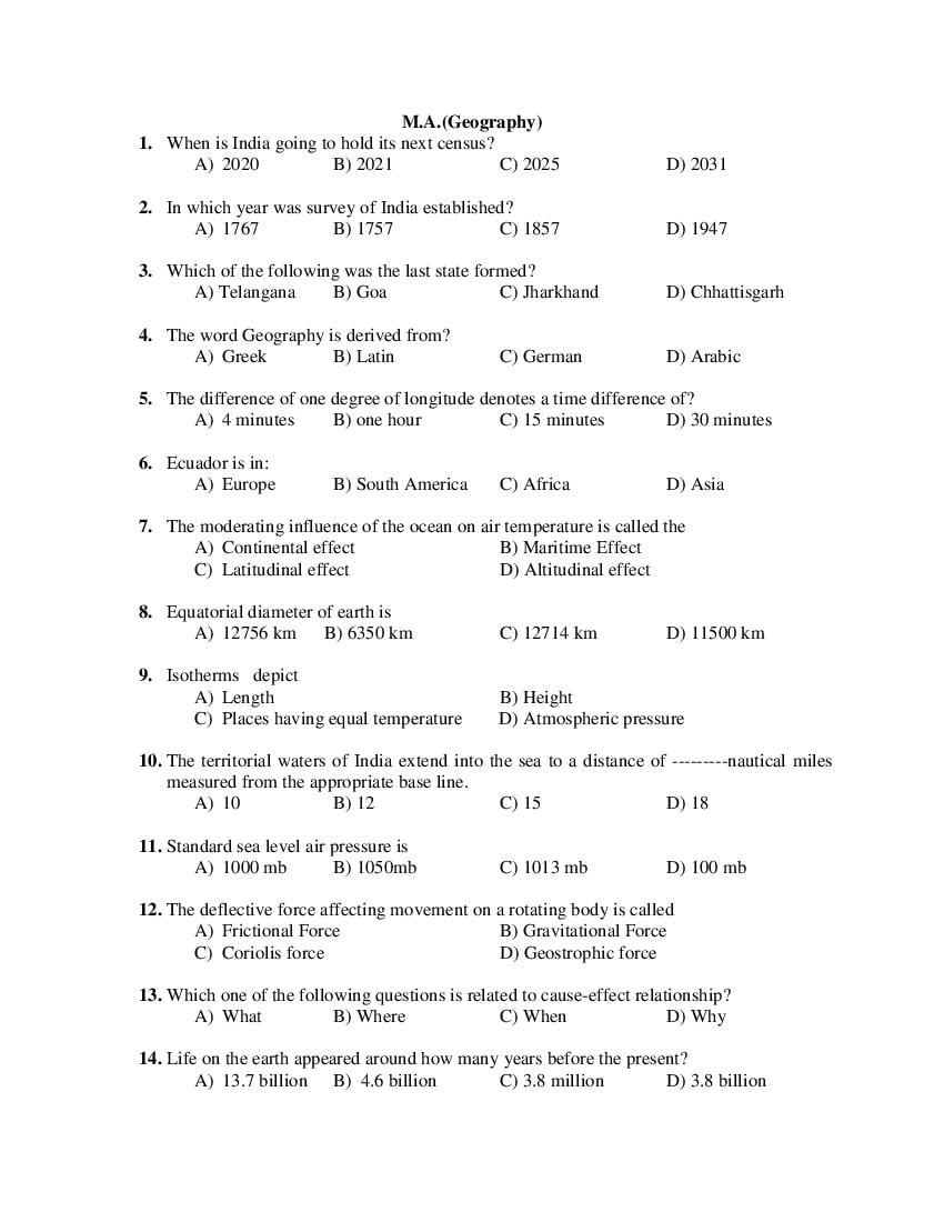 PU CET PG 2019 Question Paper M.A. (Geography) - Page 1