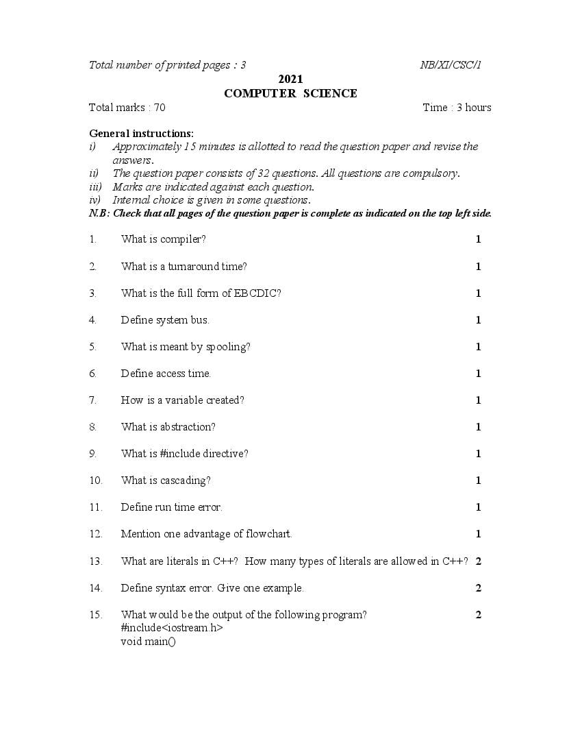 NBSE Class 11 Question Paper 2021 for Computer Science - Page 1