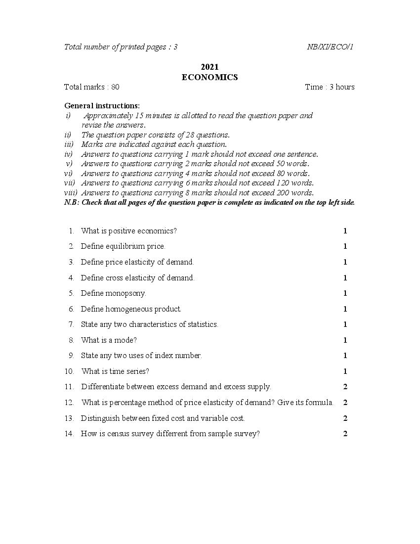 NBSE Class 11 Question Paper 2021 for Economics - Page 1