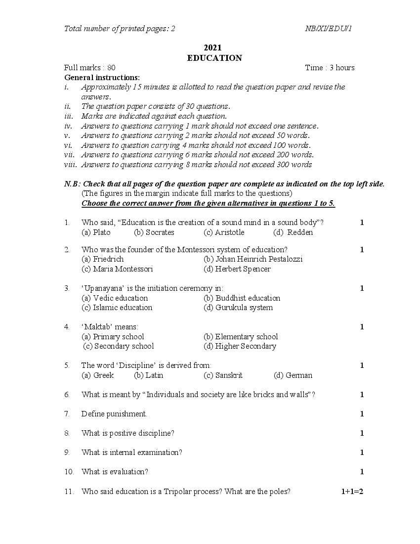 NBSE Class 11 Question Paper 2021 for Education - Page 1
