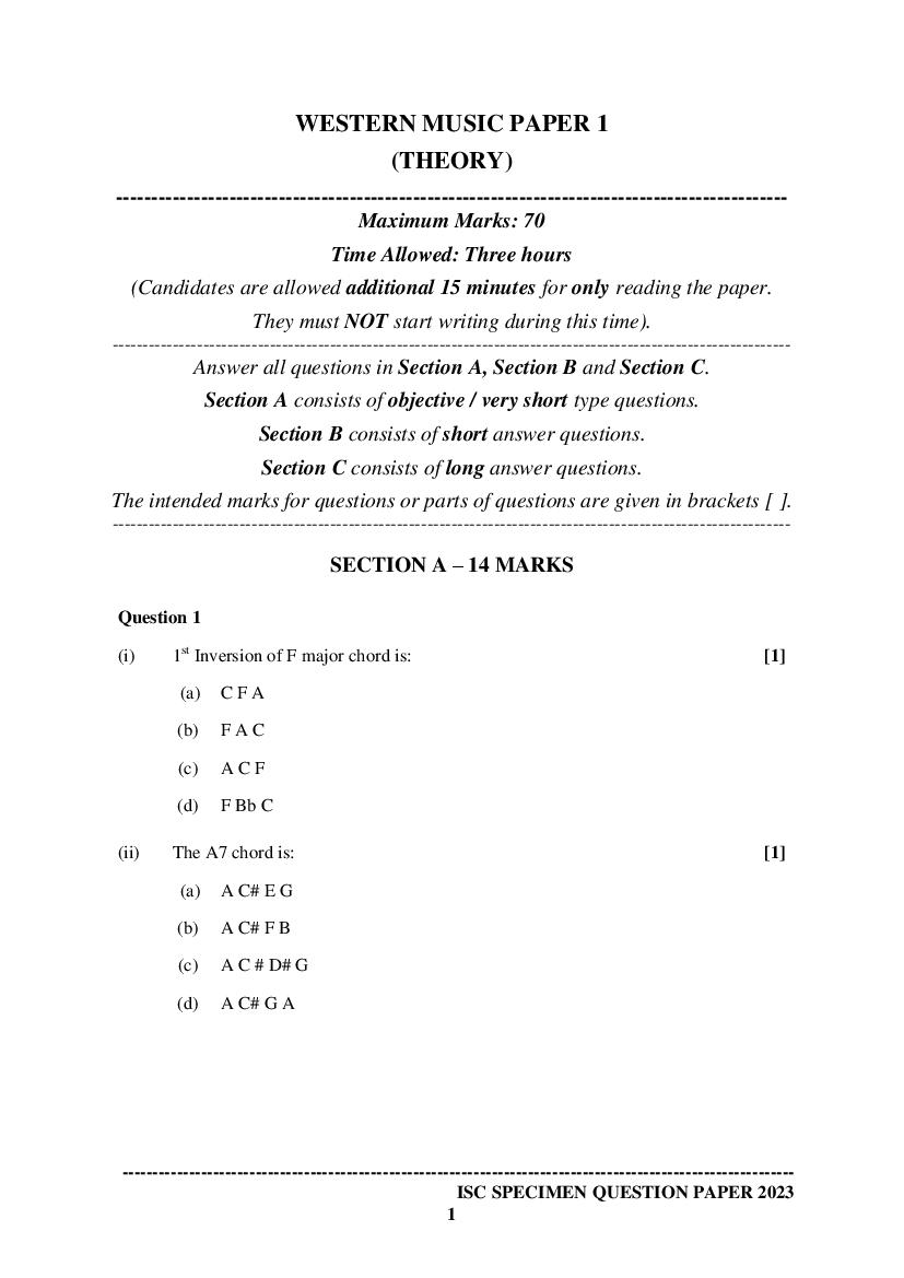 ISC Class 12 Sample Paper 2023 Music Western - Page 1