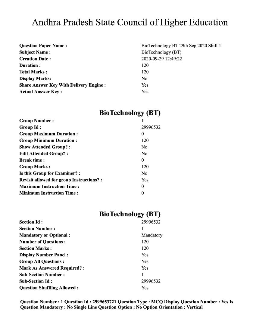 AP PGECET 2020 Question Paper for BioTechnology - Page 1